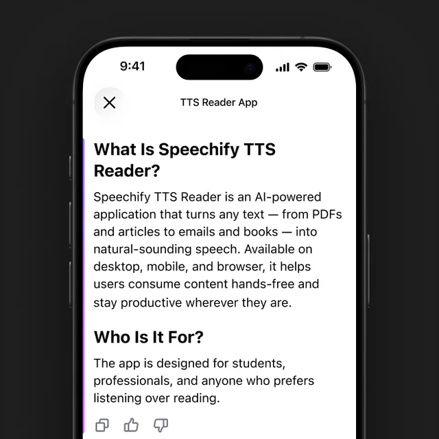 Speechify TTS Reader App showing a screen explaining what the AI-powered text-to-speech application is and who it's for, presented in a clean mobile interface.