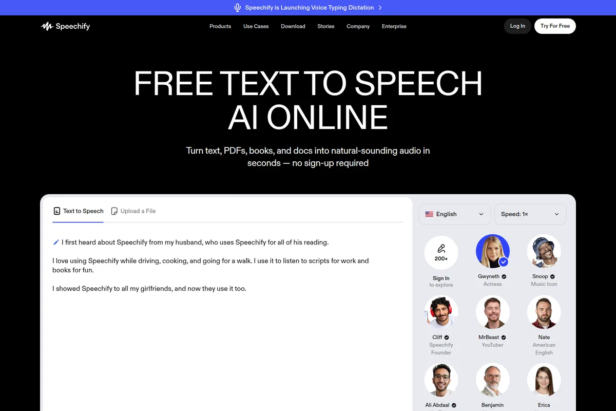 Speechify landing page showing the free text-to-speech AI online tool with a dark mode interface for converting text into audio, featuring celebrity AI voices.