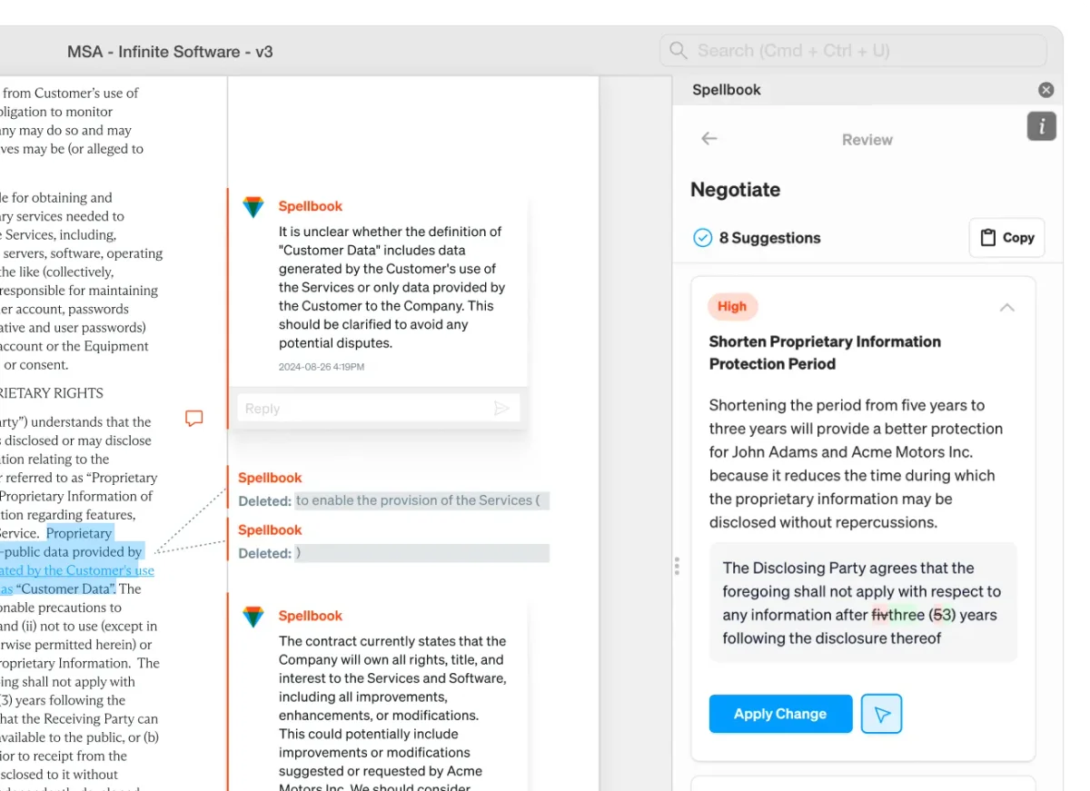 Spellbook workspace showing AI-powered contract review and negotiation with a clean, multi-panel interface.