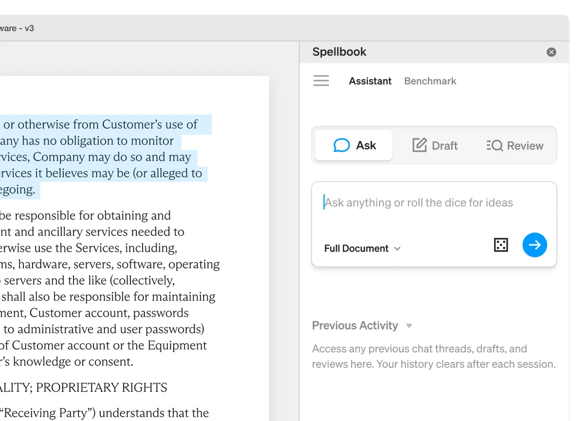 Spellbook AI assistant showing document review and content generation interface with a clean light theme.