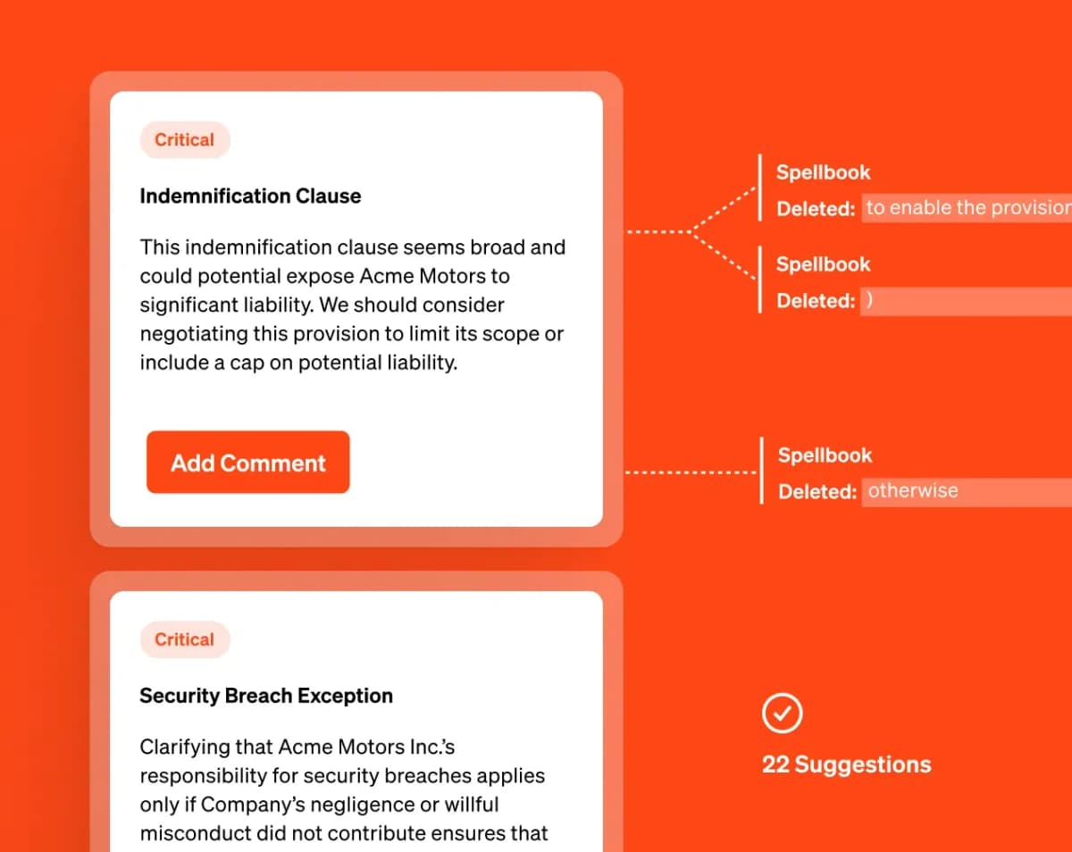 Spellbook legal AI workspace showing critical clause analysis and AI-suggested deletions in a modern, clean interface.