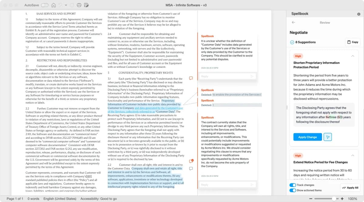 Spellbook workspace UI showing AI-powered legal document review and negotiation suggestions in a clean, professional interface.