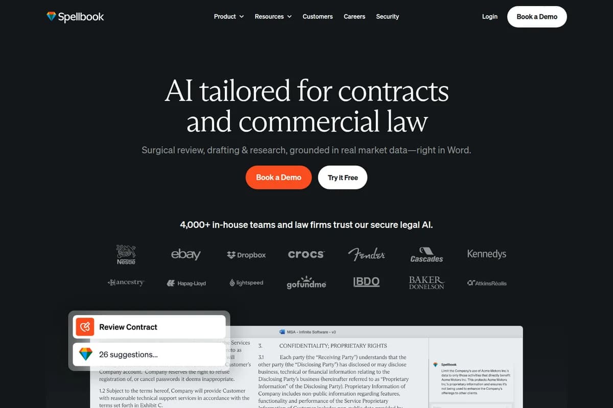 Spellbook feature deep-dive showing AI contract review with suggested edits in a modern dark theme interface.