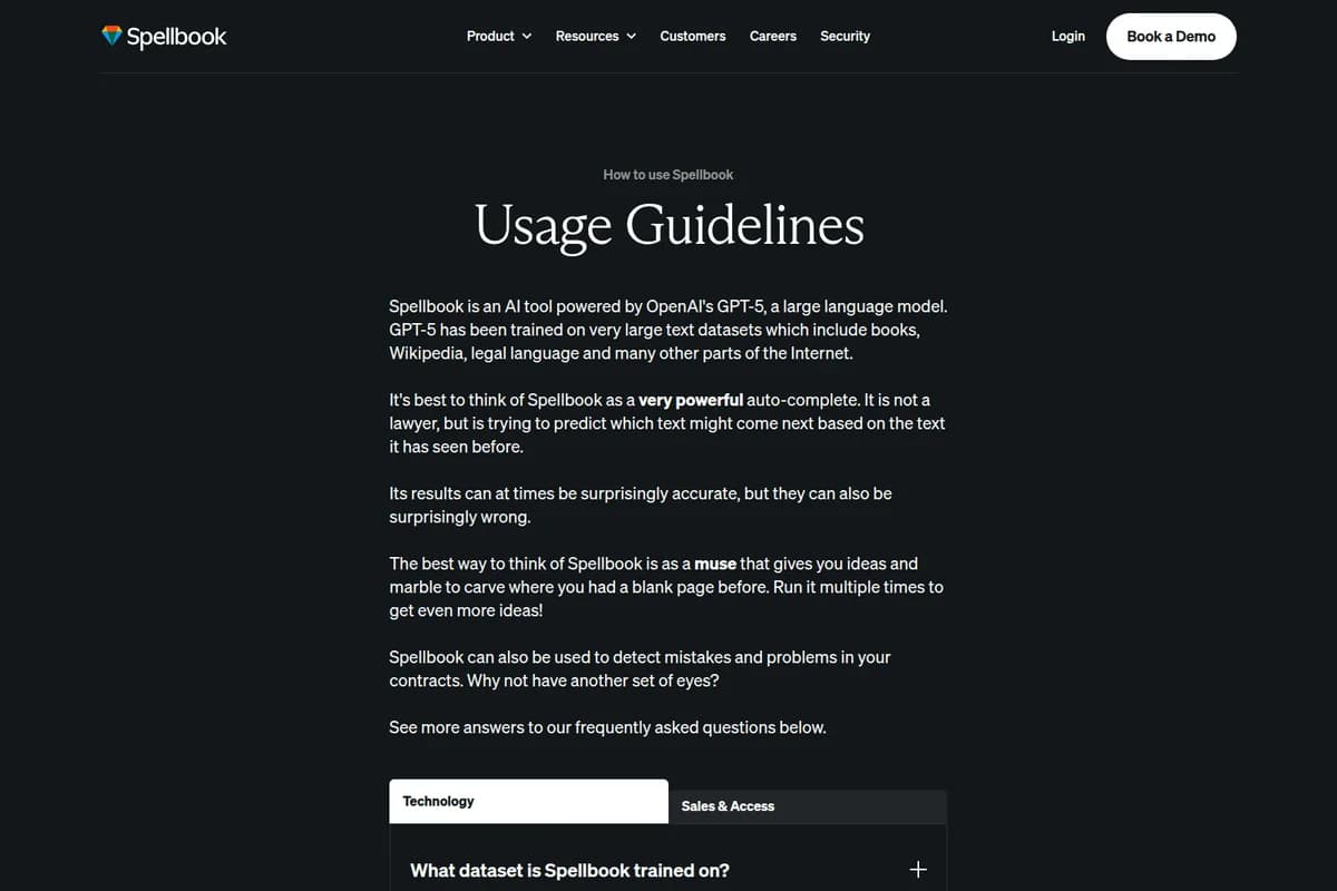 Spellbook usage guidelines page detailing AI capabilities, accuracy, and best practices with a clean dark-mode design.