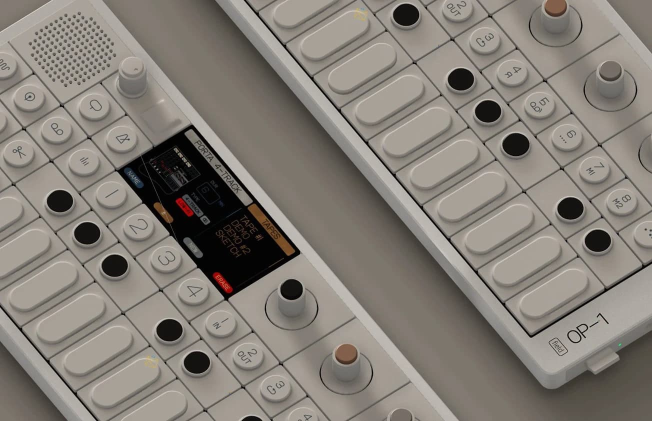Spline 3D render output showing a detailed, photorealistic Teenage Engineering OP-1 Field synthesizer with a minimalist design.