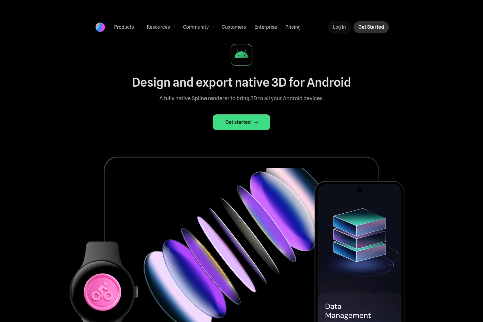 Spline landing page showcasing native 3D design and export capabilities for Android devices with a sleek dark-mode interface.
