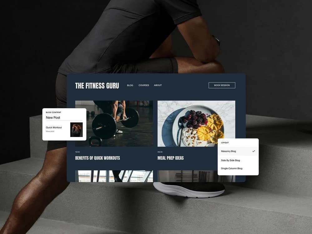 Squarespace blog editor showing content management and layout customization options within a modern floating UI.