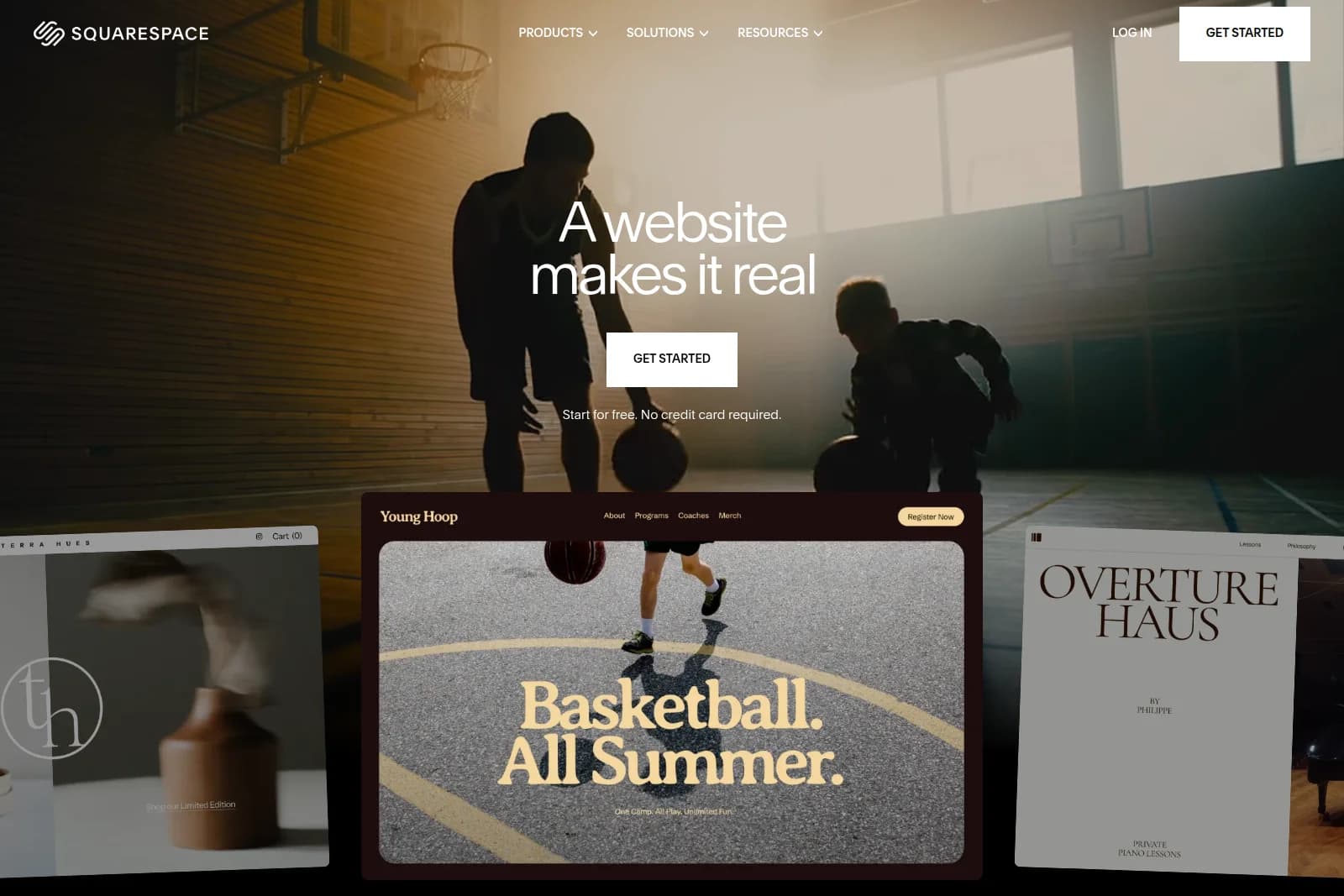 Squarespace homepage hero showing diverse website creations with a dynamic, inspiring basketball background.