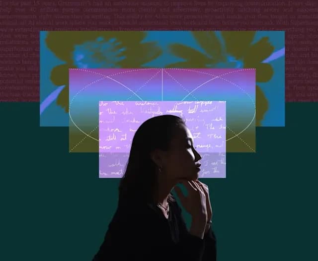 Grammarly Superhuman marketing graphic depicting AI-powered writing assistance with layered abstract elements and a thoughtful silhouette.