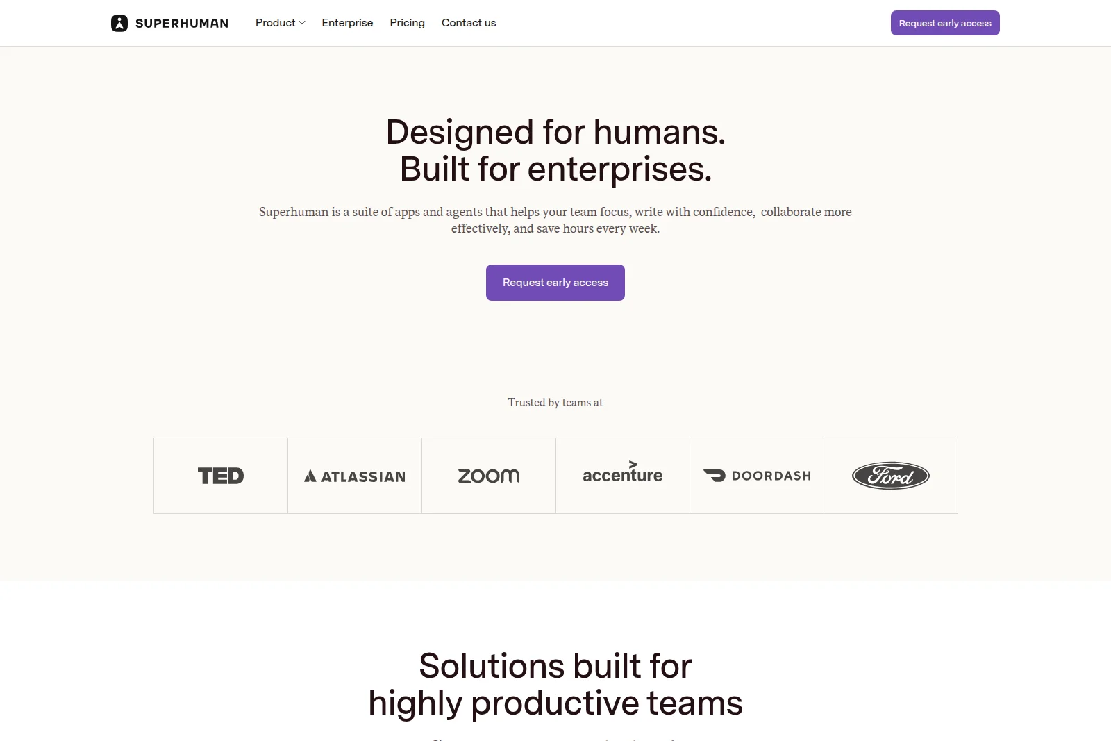 Superhuman landing page hero section showcasing the brand's value proposition and a grid of trusted enterprise partners with a clean, light-themed interface.