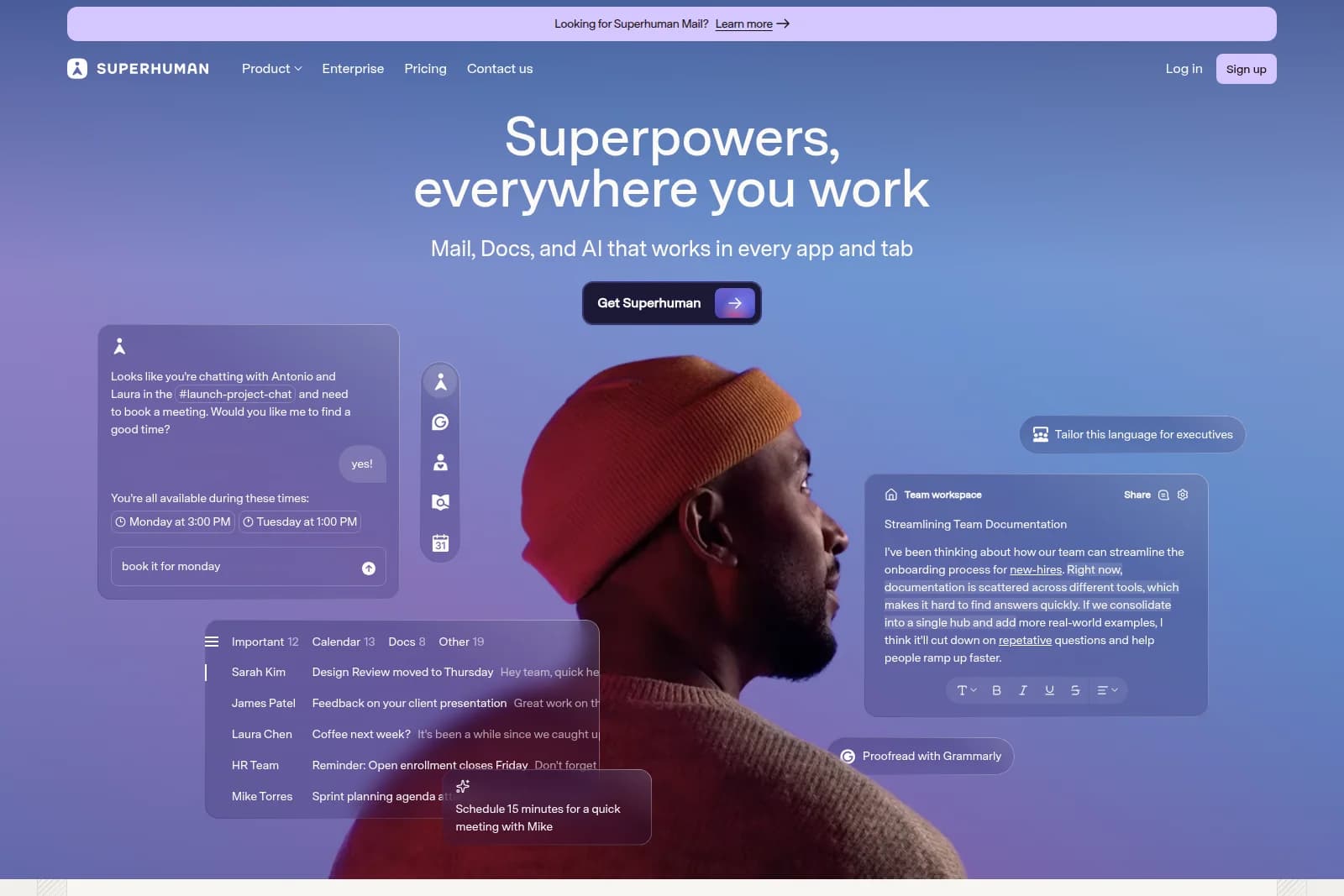 Superhuman AI workspace showing assistant scheduling meetings, managing tasks, and editing documents with a modern glassmorphism interface.