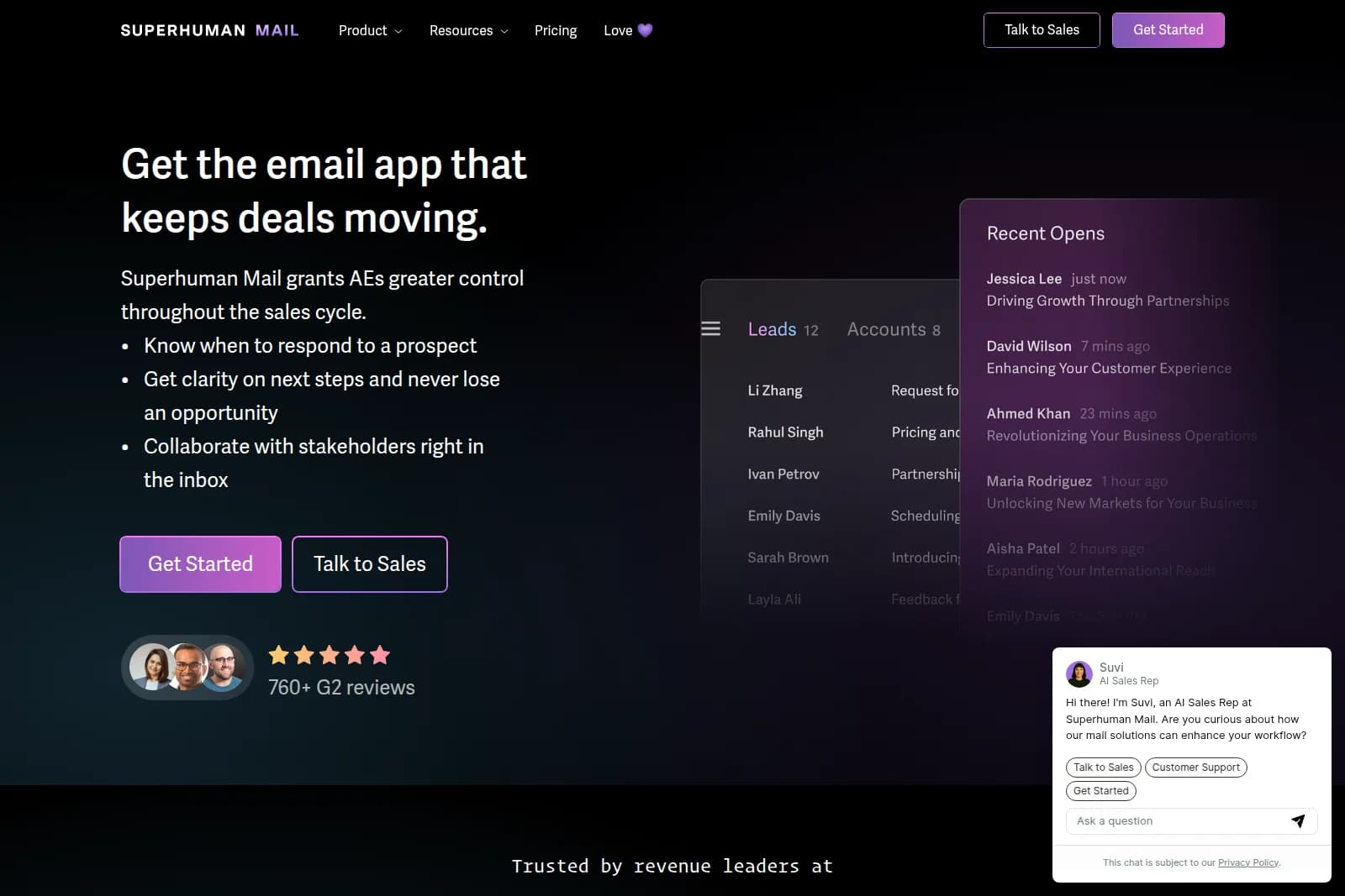 Superhuman Mail sales landing page displaying lead management and recent email opens in a sleek dark-mode UI.
