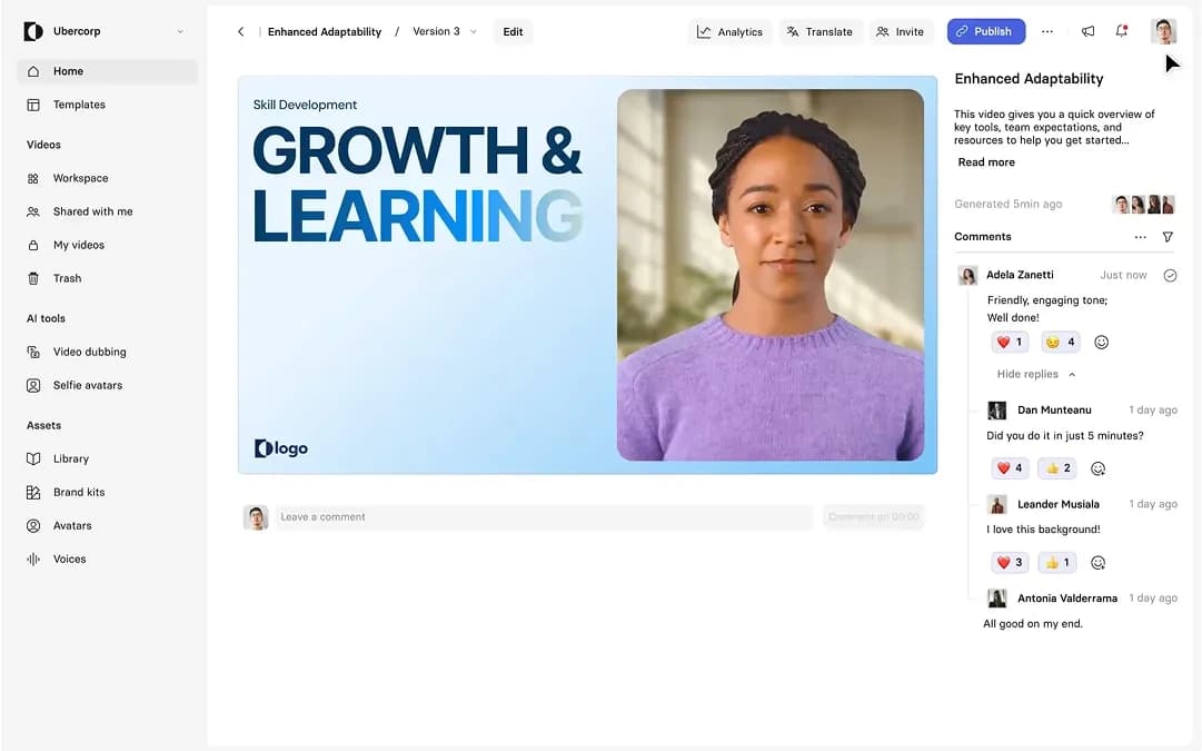 Synthesia video editor workspace showing an AI-generated video featuring a person and 'GROWTH & LEARNING' text with a clean, modern interface.