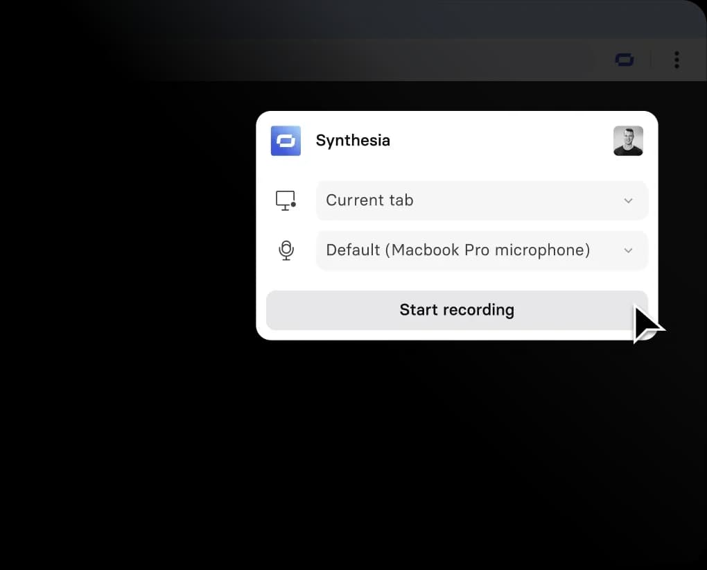 Synthesia browser extension pop-up demonstrating screen recording configuration, showing options for 'Current tab' and 'Macbook Pro microphone' with a clean, modern UI.