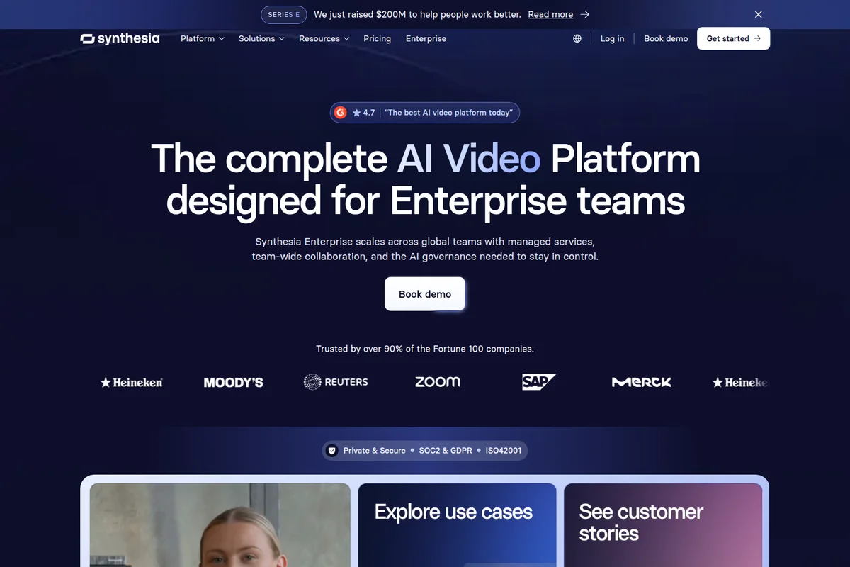 Synthesia enterprise homepage showcasing its complete AI video platform with a dark, modern design and customer testimonials.