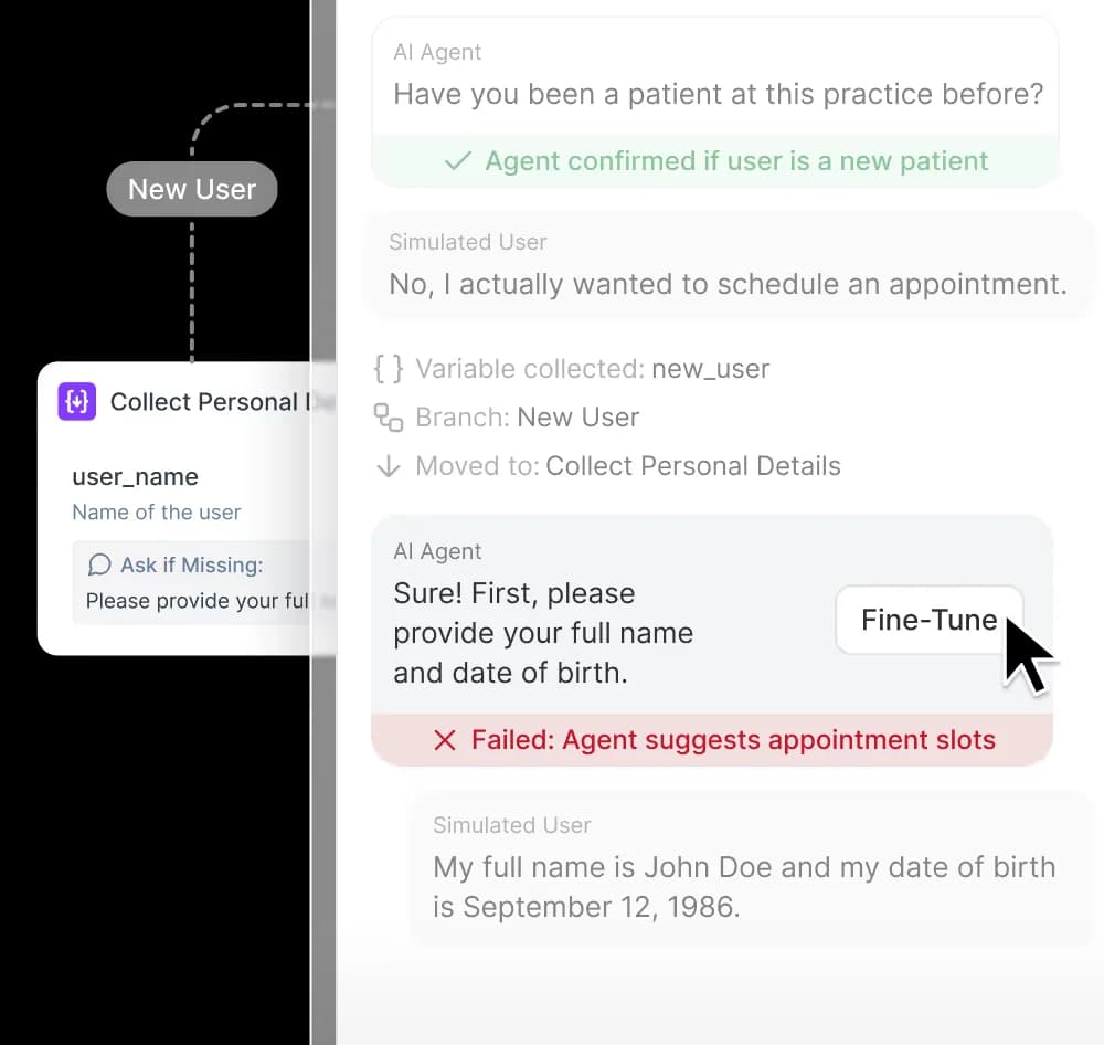 Synthflow workspace showing AI conversation flow branches and debugging of agent responses with a modern dark-mode UI.