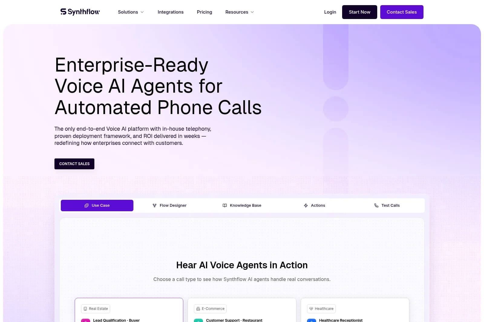 Synthflow homepage showcasing enterprise-ready voice AI agents for automated phone calls with a modern purple-gradient interface.