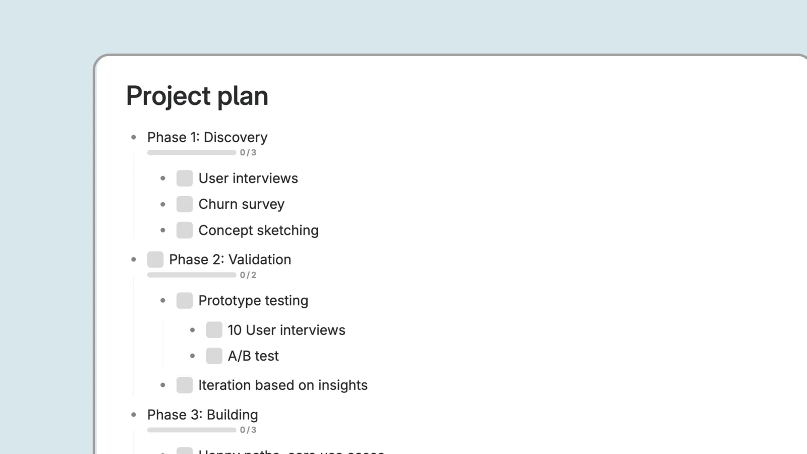 Tana project plan workspace showing tasks organized into phases with a clean, minimalist interface.