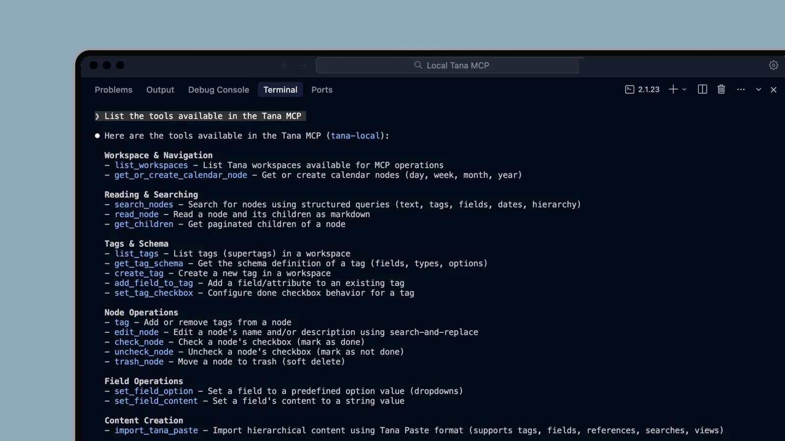 Tana terminal workspace showing a list of available MCP tools and operations in a dark-mode interface.