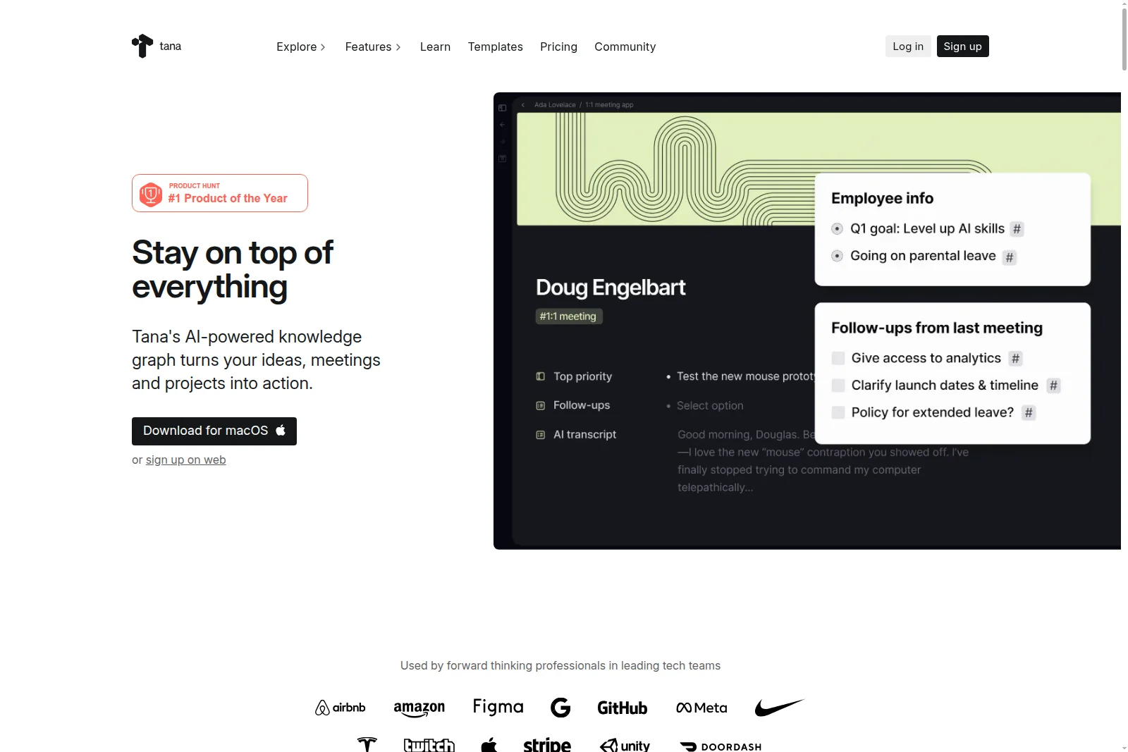 Tana workspace showing 1:1 meeting notes, employee info, and follow-ups in a dark-mode UI.
