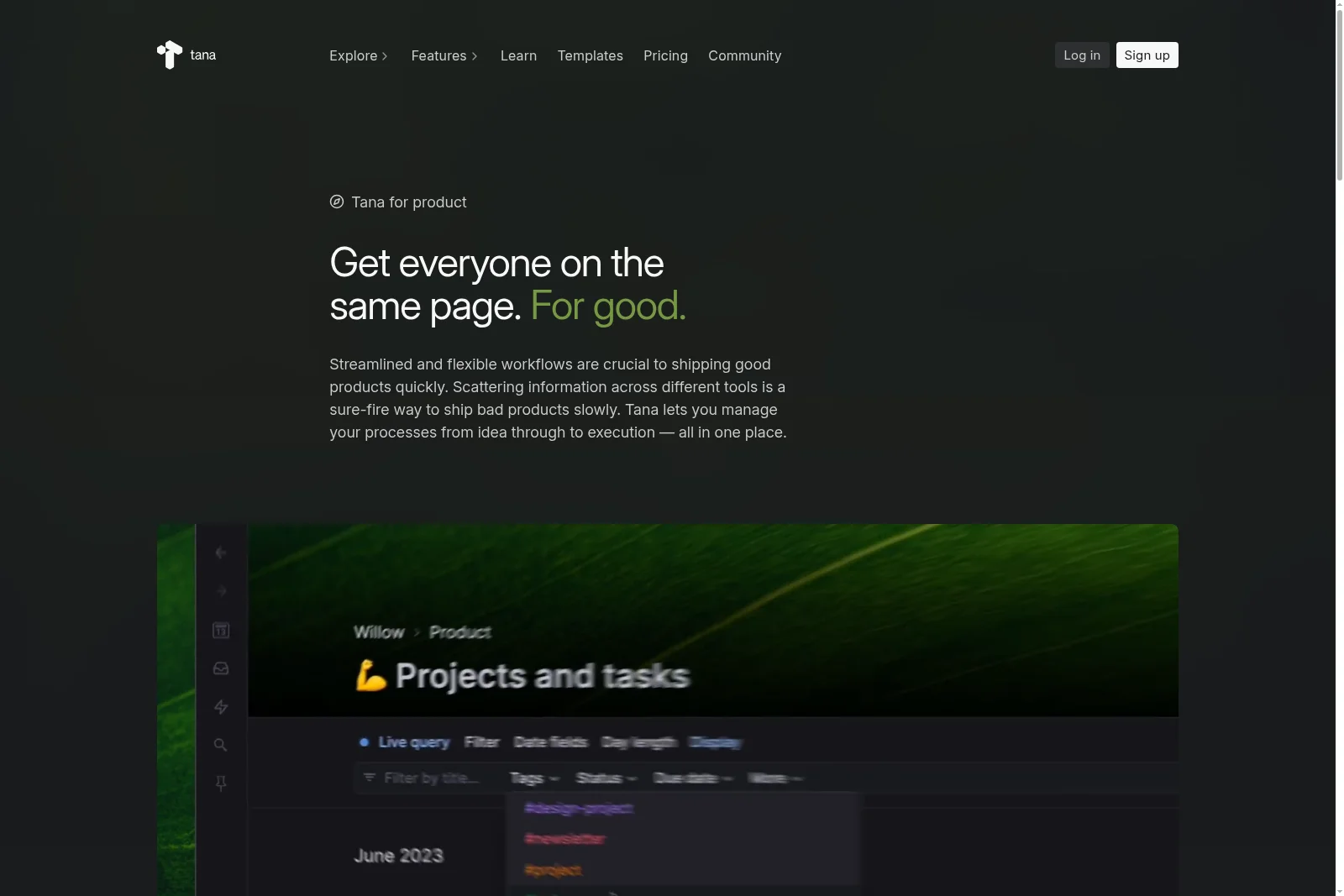 Tana workspace showing a 'Projects and tasks' view with filtering options and a dark-mode interface.