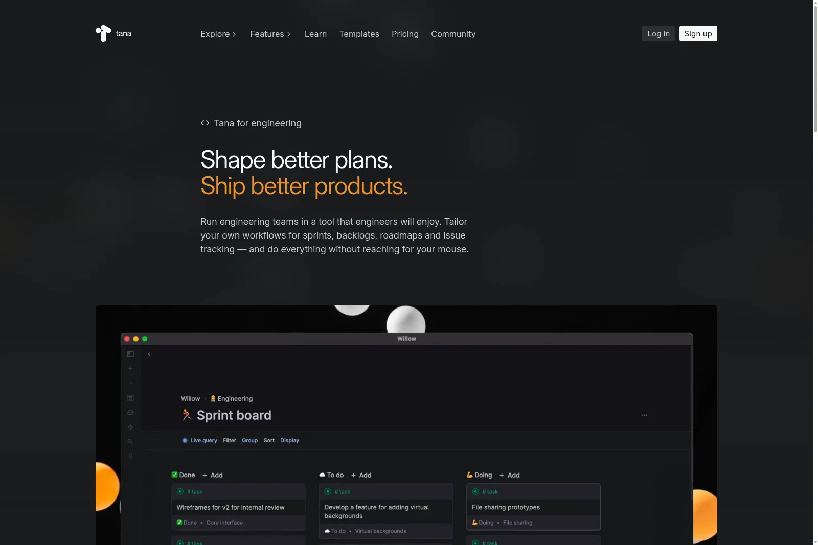 Tana sprint board showing engineering tasks in 'Done', 'To do', and 'Doing' columns within a dark-mode interface