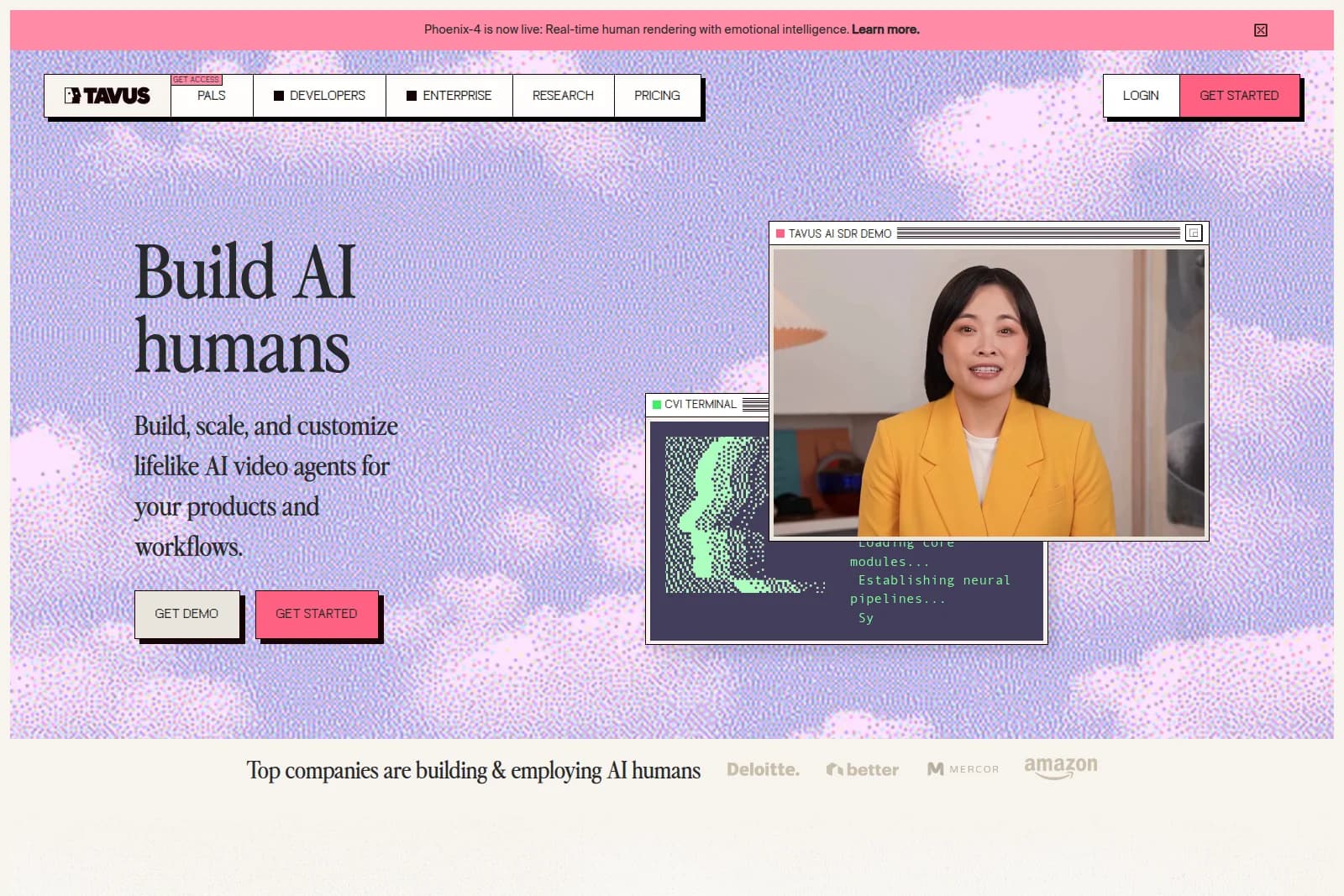 Tavus AI video agents demo showing a lifelike AI human agent speaking within a retro-futuristic interface.