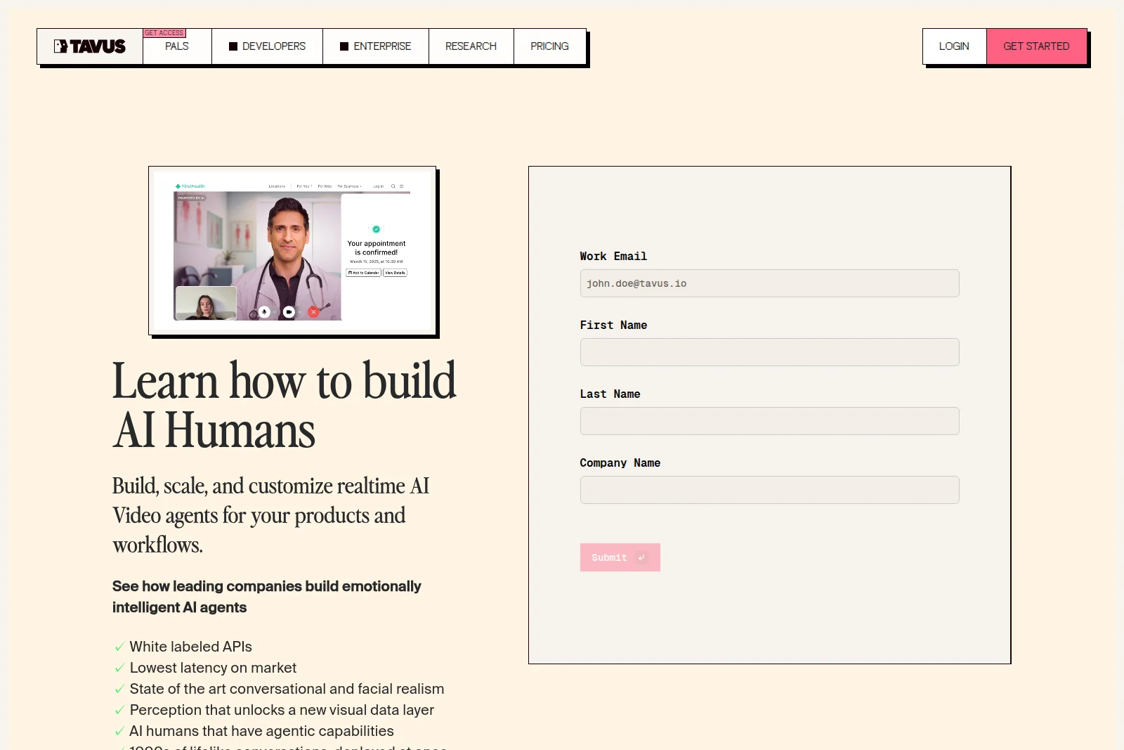 Tavus landing page demonstrating an AI Human video agent as a virtual doctor in a telehealth call.