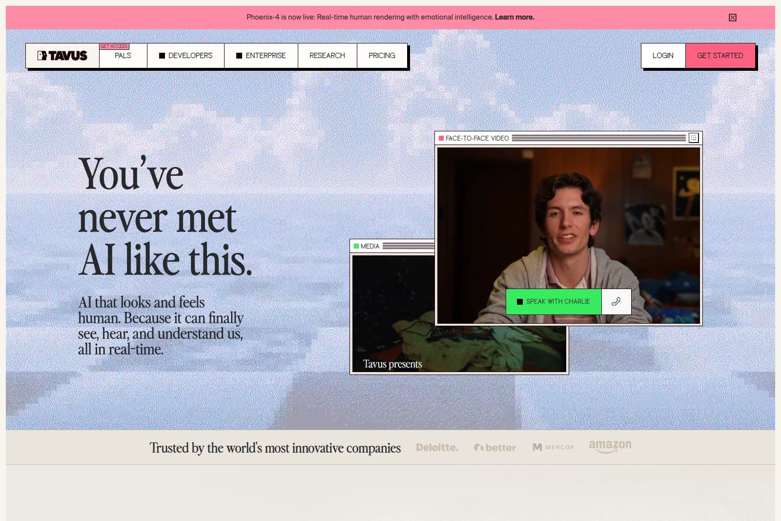 Tavus homepage hero featuring an AI-rendered person in a video call interface, demonstrating human-like interaction.