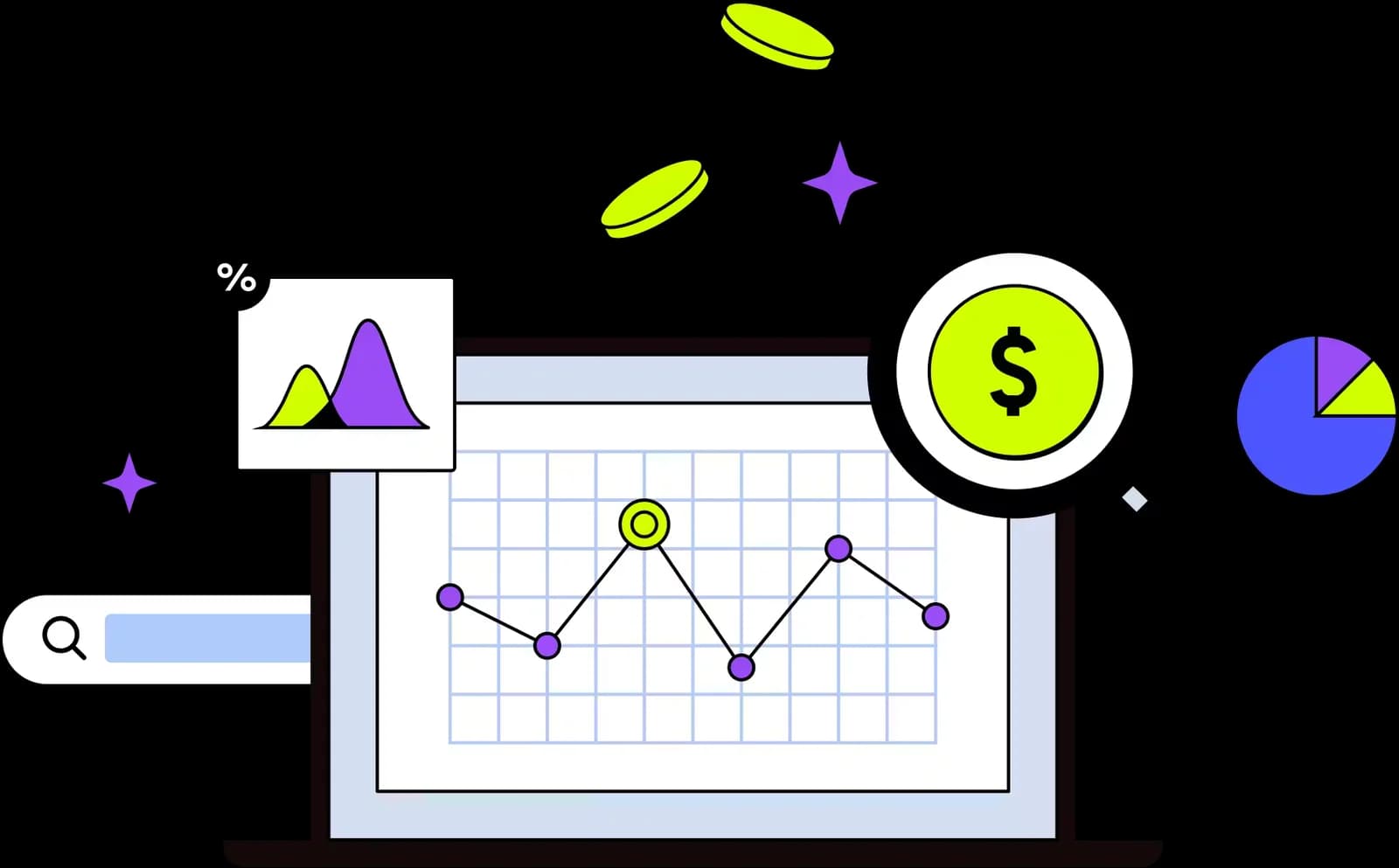 ThoughtSpot feature illustration showing financial data analysis with a line graph, statistical chart, and search bar, all in a vibrant, modern graphic style.