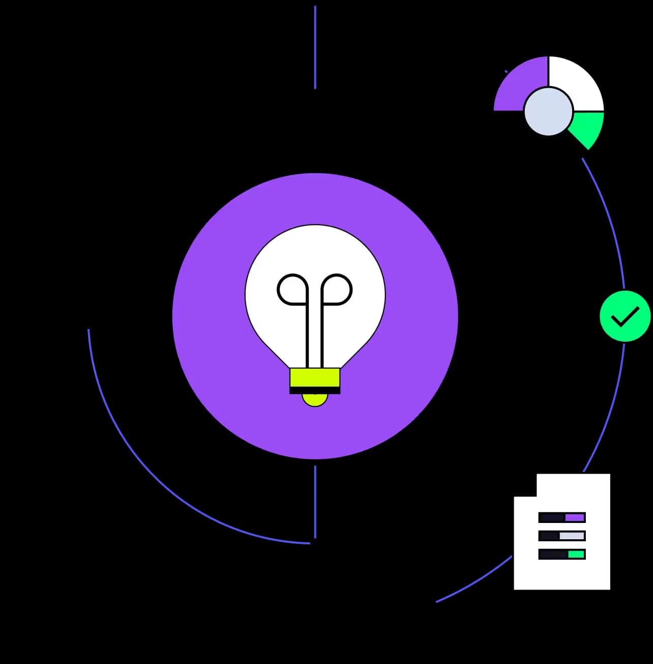 Thoughtspot conceptual illustration showing a lightbulb idea transforming into data visualizations and documents with a clean, dark-themed aesthetic.