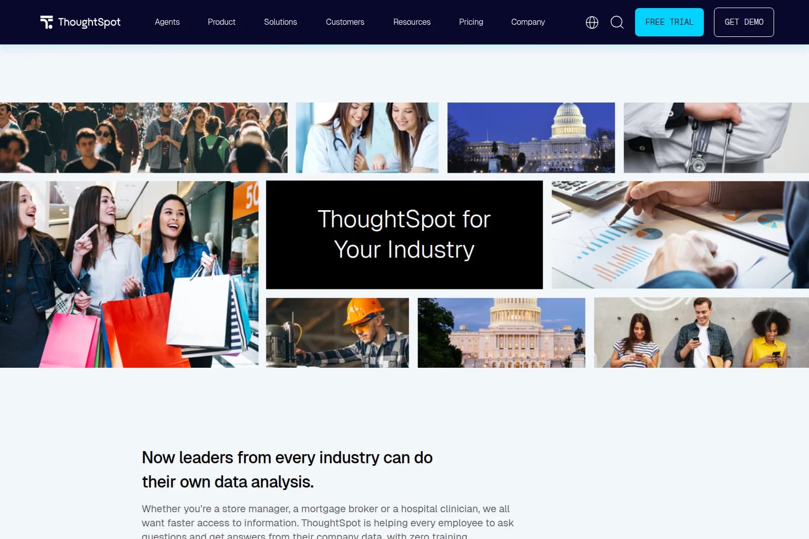 ThoughtSpot solutions page hero showing a grid of diverse industry professionals and landmarks with a modern marketing layout