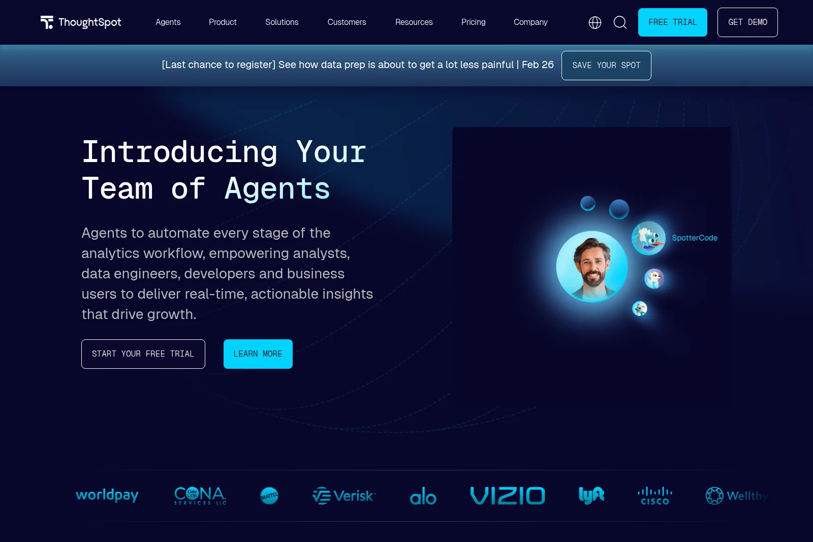 ThoughtSpot landing page hero section introducing AI agents with a dark-themed glowing interface.