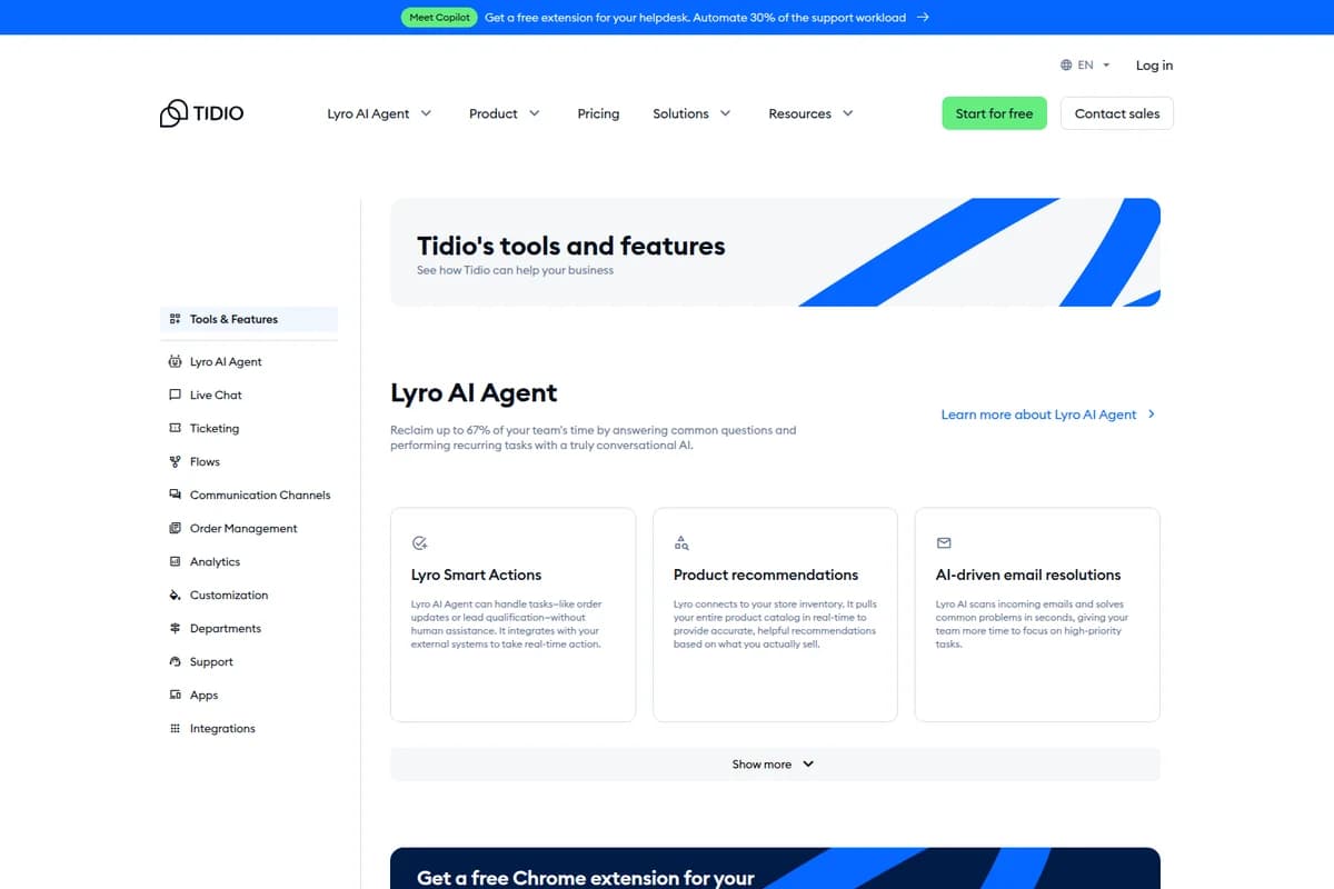 Tidio features page showing Lyro AI Agent capabilities with a clean white interface.