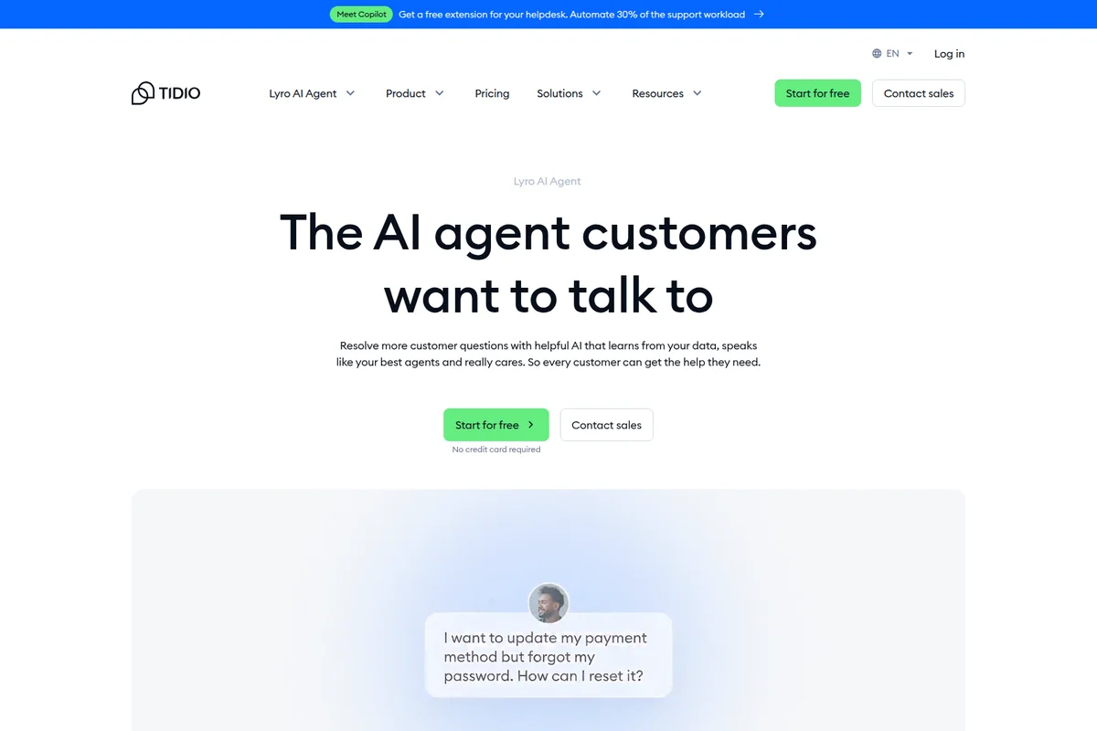 Tidio Lyro AI Agent workspace showing an AI agent responding to a customer query within a clean, modern chat interface.