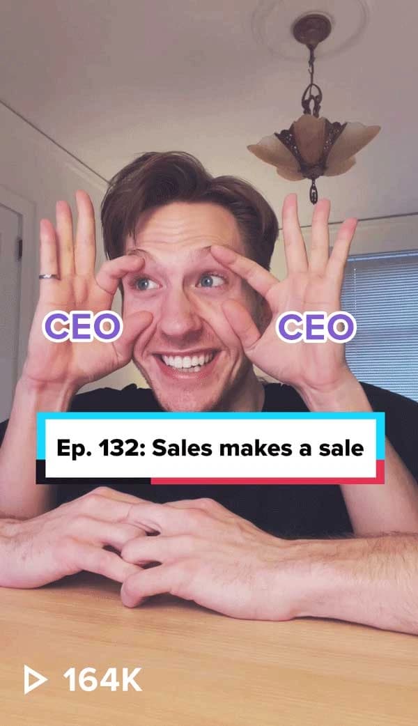 tl-dv meeting playback interface showing a smiling person with hands covering eyes, labeled 'CEO', and a banner 'Ep. 132: Sales makes a sale'.