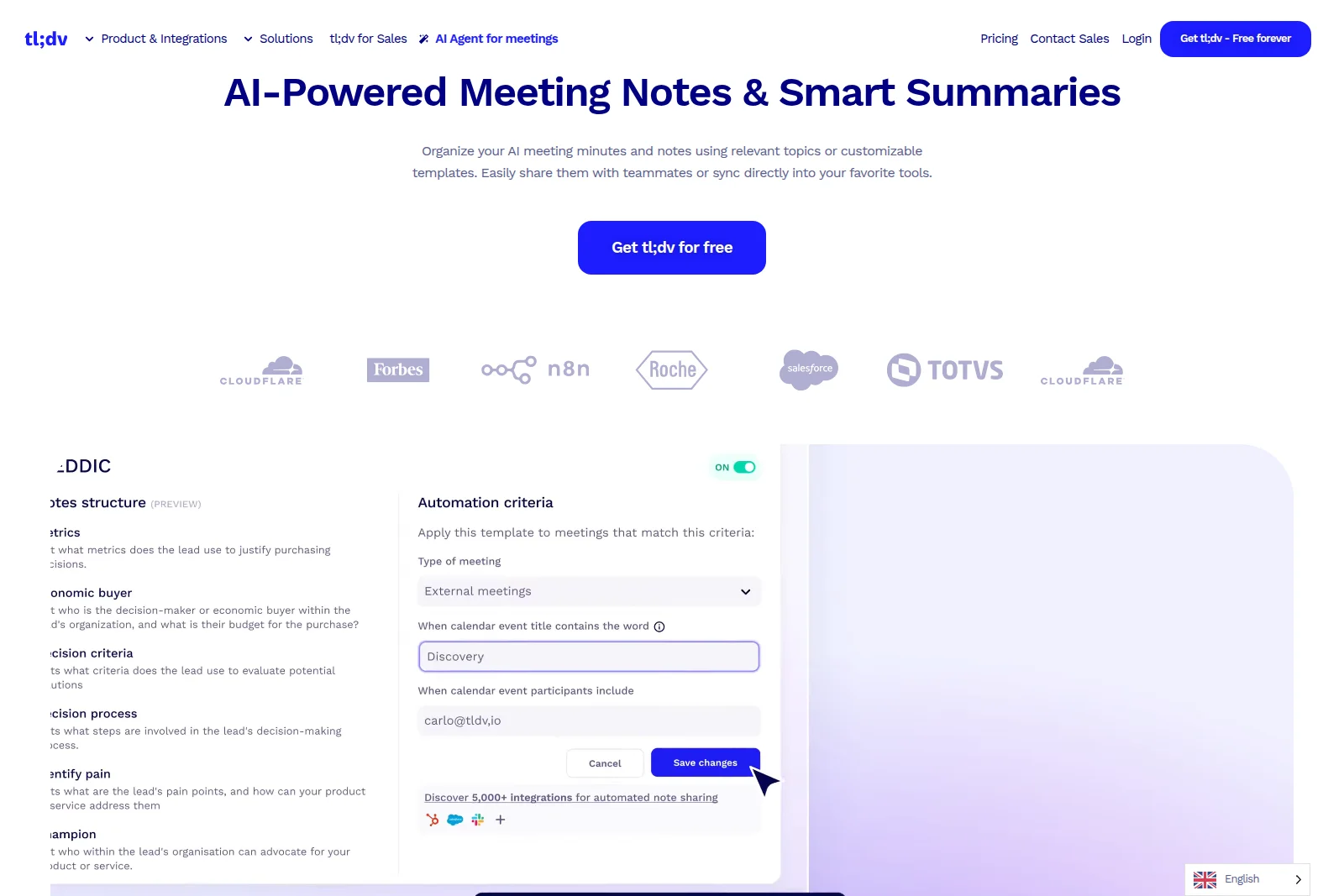tl;dv AI Agent for meetings page displaying automation criteria settings with a clean, modern interface.