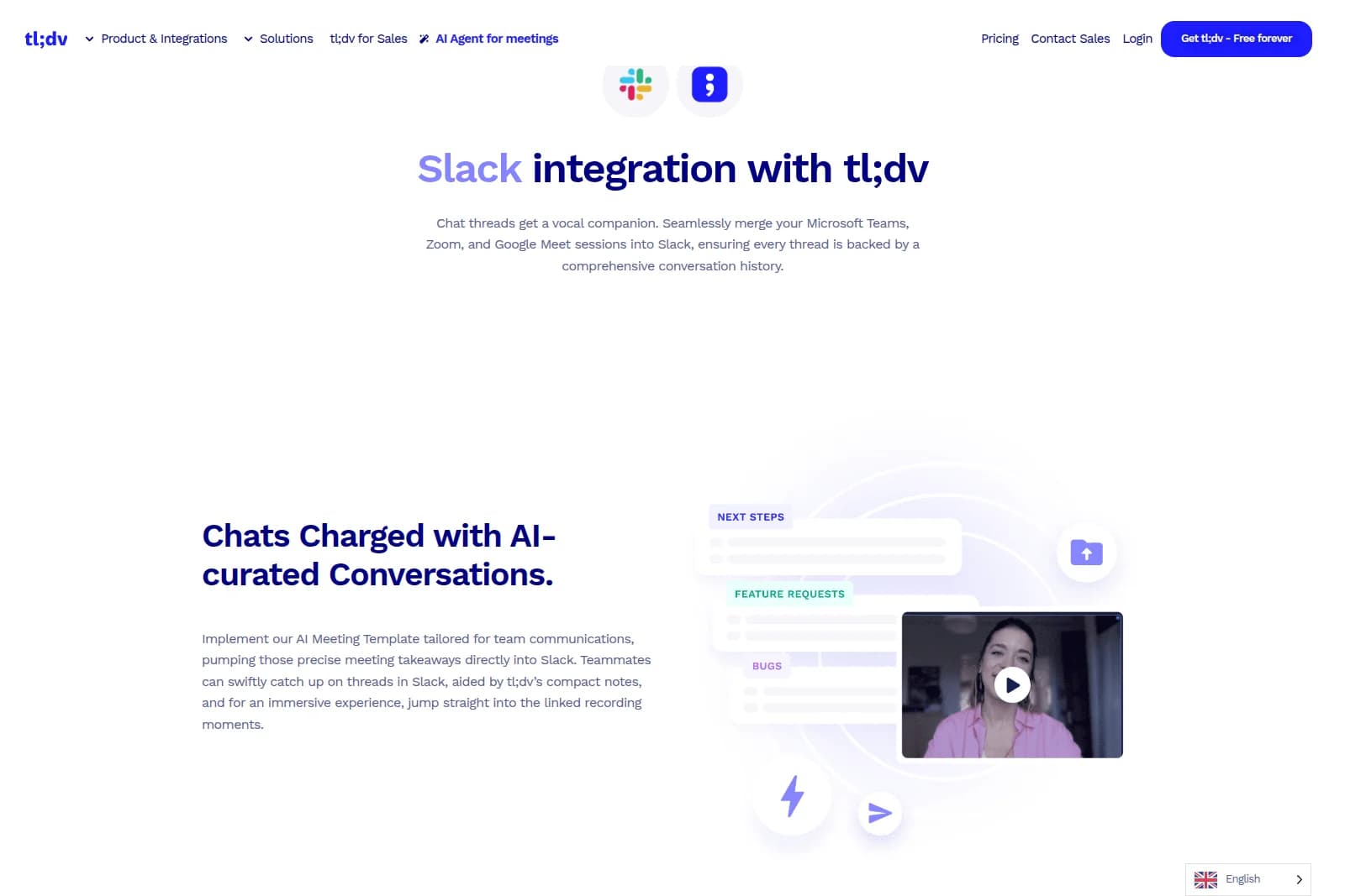 tl;dv Slack integration showing AI-curated conversation summaries and next steps with a modern light interface.