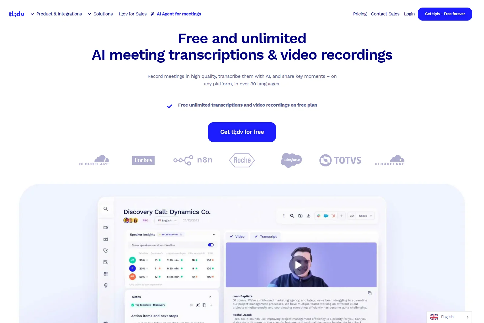 tl;dv workspace-ui showing AI meeting transcriptions, speaker insights, and video recordings in a clean light theme.