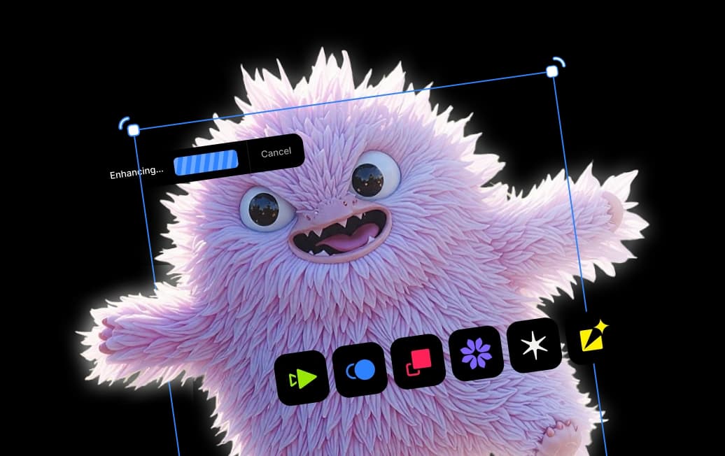 Topaz Photo AI workspace showing a pink fluffy monster being enhanced with a progress bar and image editing tools.