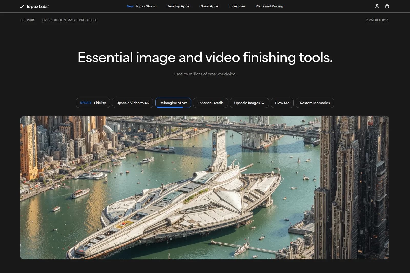 Topaz Labs homepage hero showcasing 'Reimagine AI Art' with a futuristic cityscape and a dark-mode sleek aesthetic.