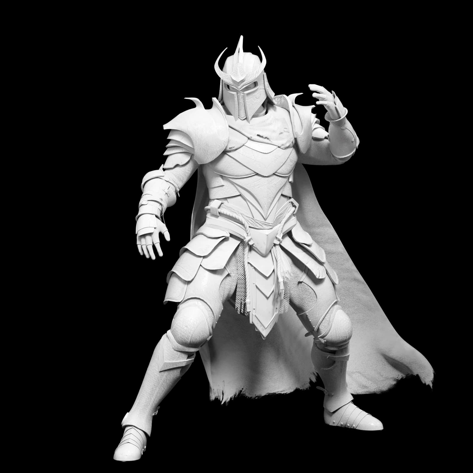 Tripo AI-generated 3D model of an armored fantasy warrior in a dynamic stance with intricate details and a high-fidelity render.