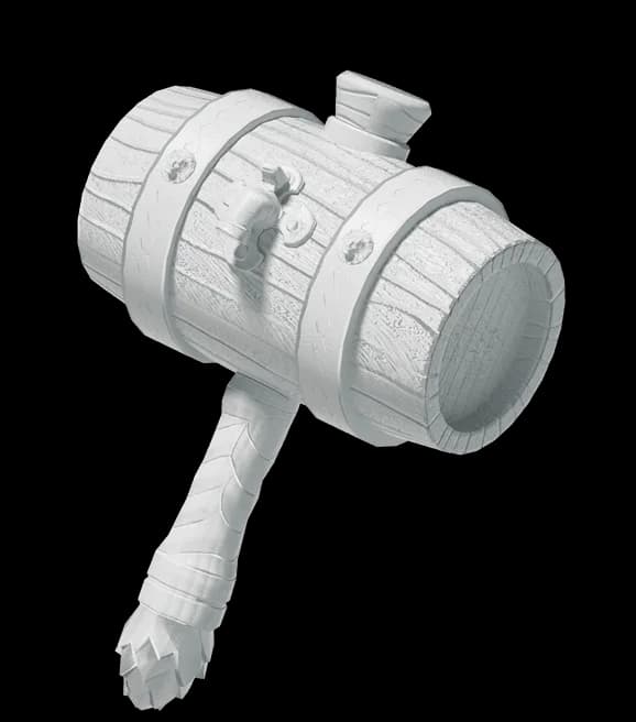 Tripo 3D model output showing a stylized wooden hammer with metal bands and a wrapped handle, rendered in grayscale.
