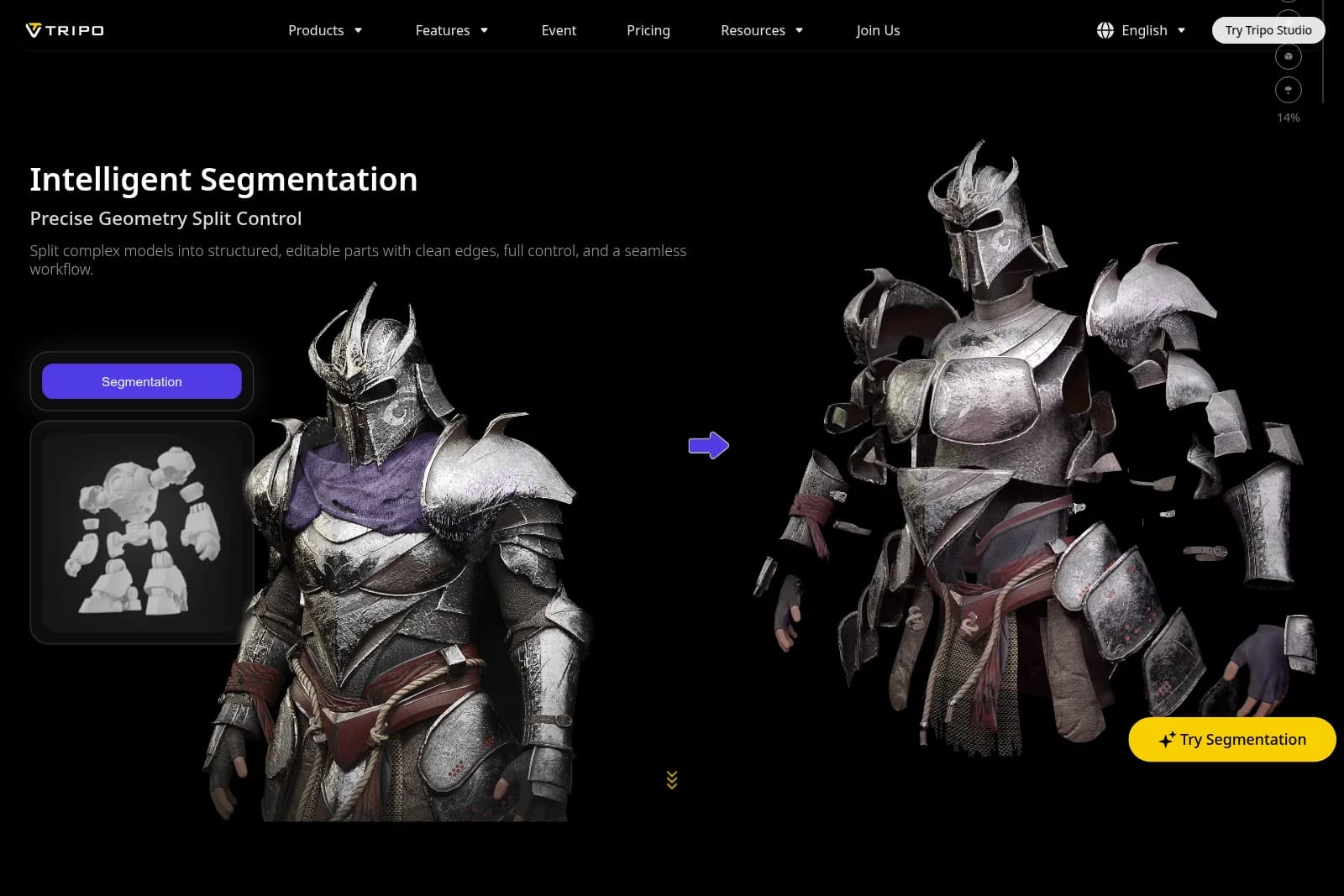 Tripo 3D segmentation feature splitting a knight armor model into editable parts on a dark interface.