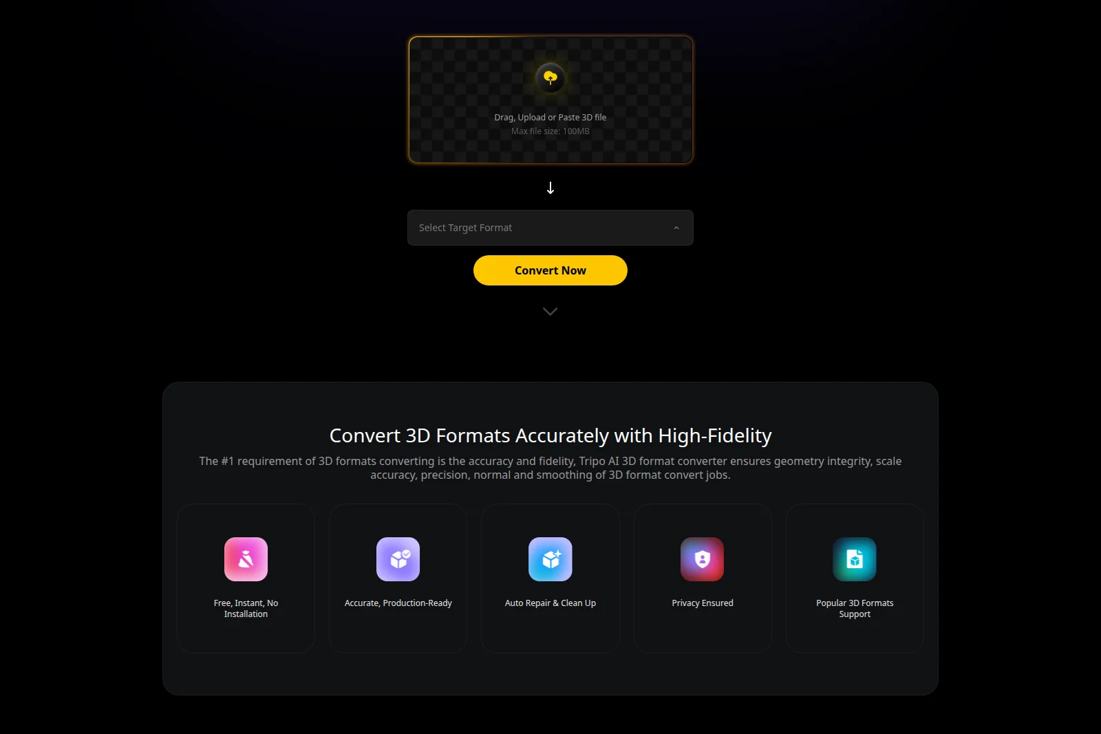 Tripo AI convert page showing 3D file upload with drag-and-drop, target format selection, and a 'Convert Now' button on a dark-theme interface.