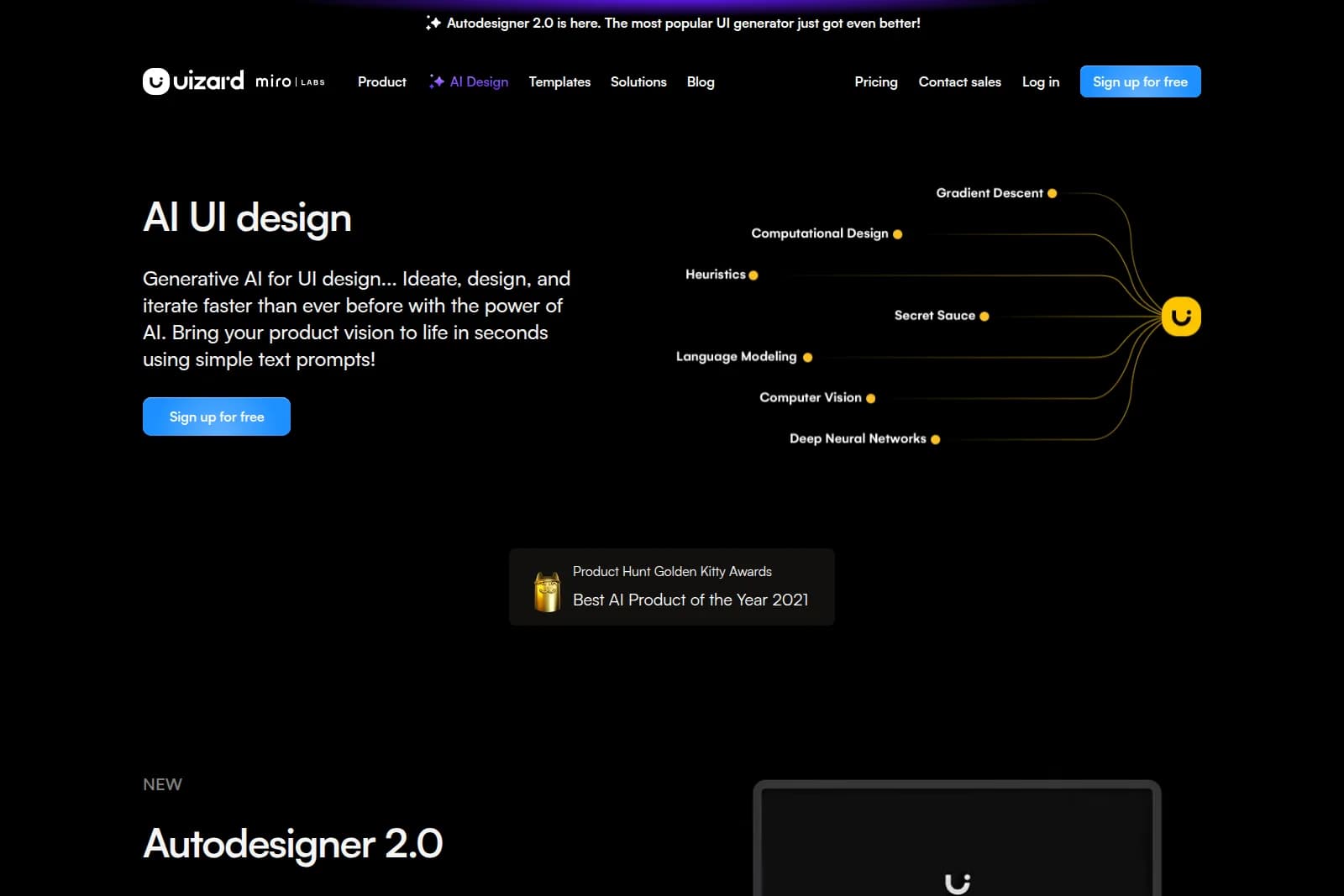 Uizard AI design landing page showing generative AI capabilities with a dark-mode interactive graphic.