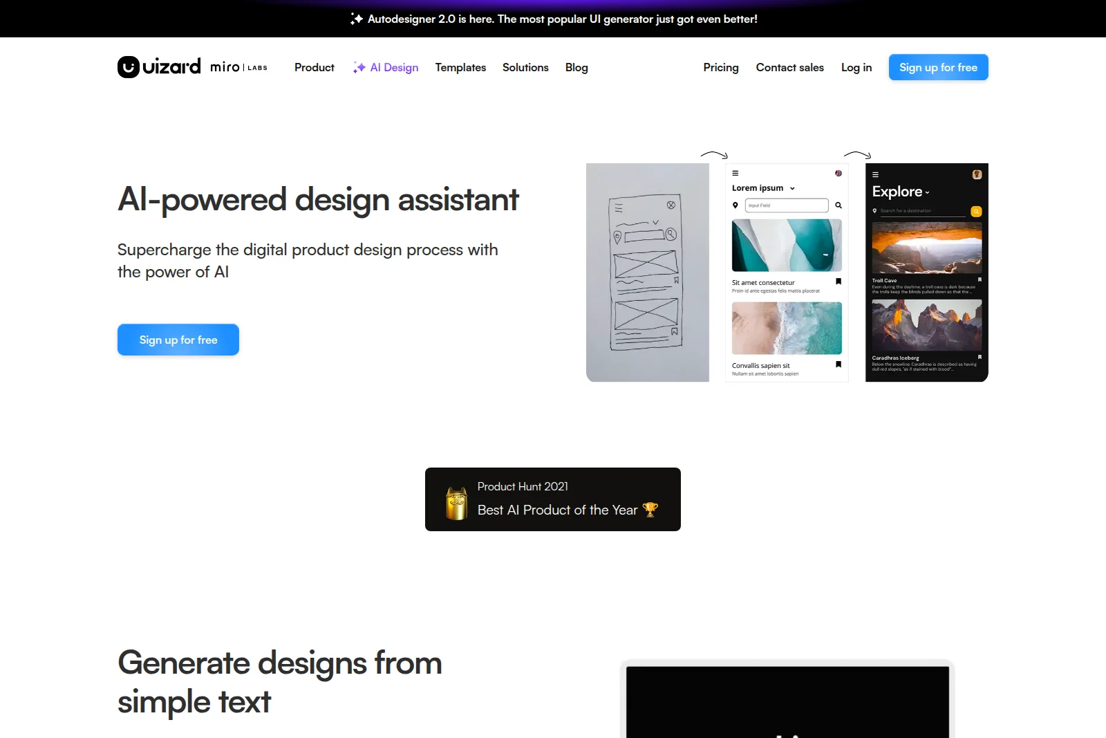 Uizard landing page hero section demonstrating AI-powered design transformation from hand-drawn wireframes to modern mobile app UIs.
