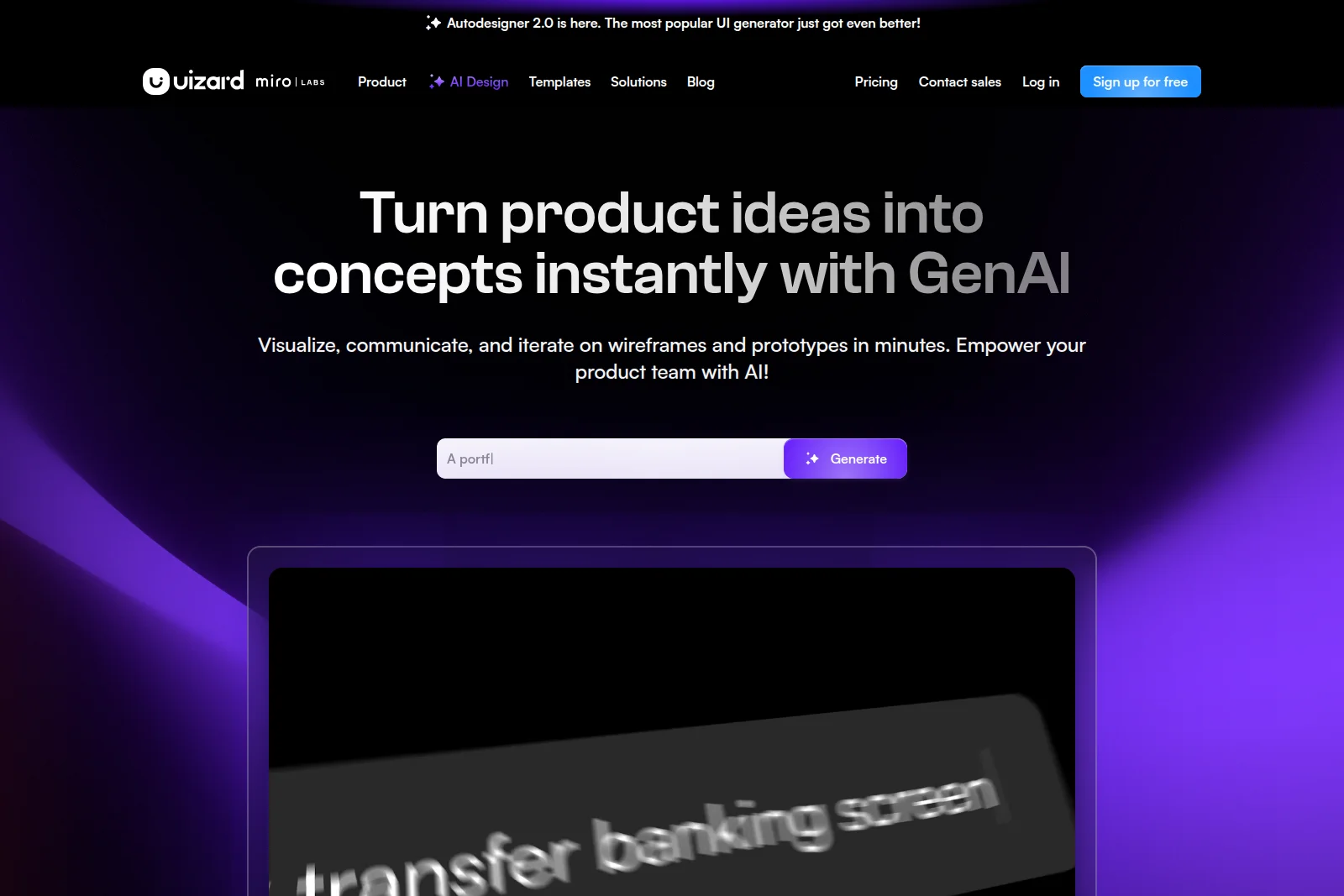 Uizard AI design workspace showing text input for generating product concepts, with a video preview of a UI output, in a modern dark-mode interface.