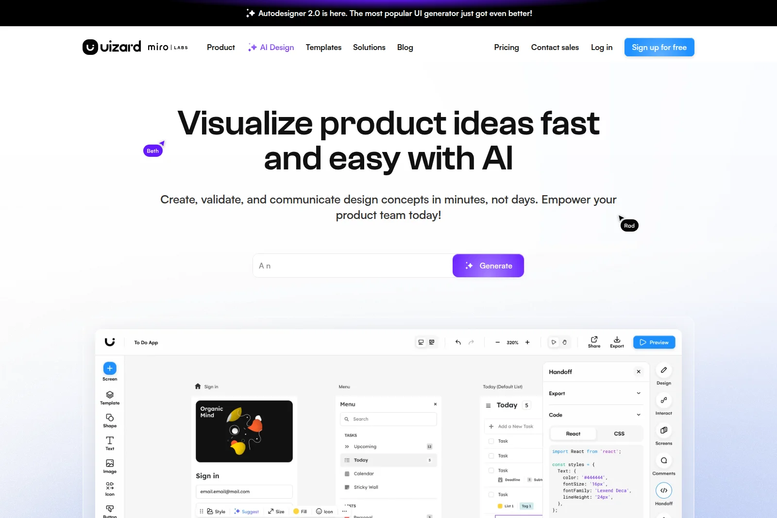 Uizard workspace showing AI-powered UI design generation and React code export with a clean, modern interface.
