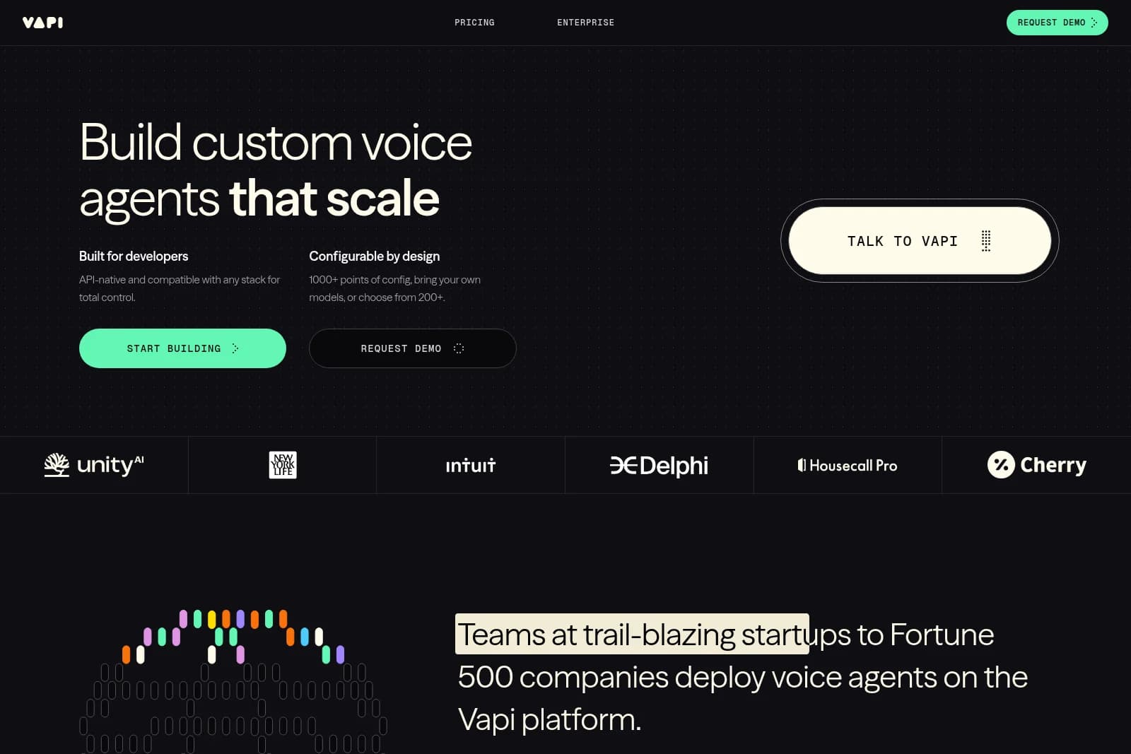 Vapi AI voice agent platform landing page showcasing its 'Build custom voice agents that scale' hero section with a dark theme and interactive elements.